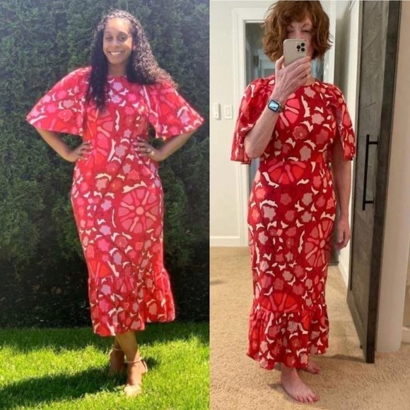 NWT RHODE x Target Zinnia Floral Print Bell Sleeve Midi Dress in Red/Pink - Picture 3 of 15